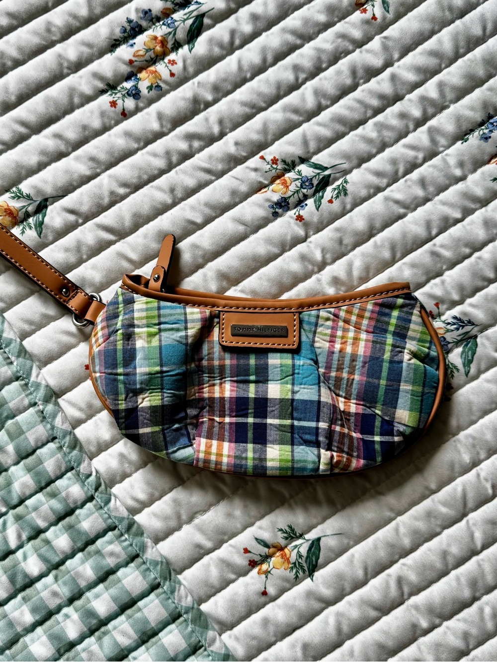 Tommy Hilfiger Y2K Madras Plaid Quilted Wristlet Mini Bag, Tan & Pastel Rainbow